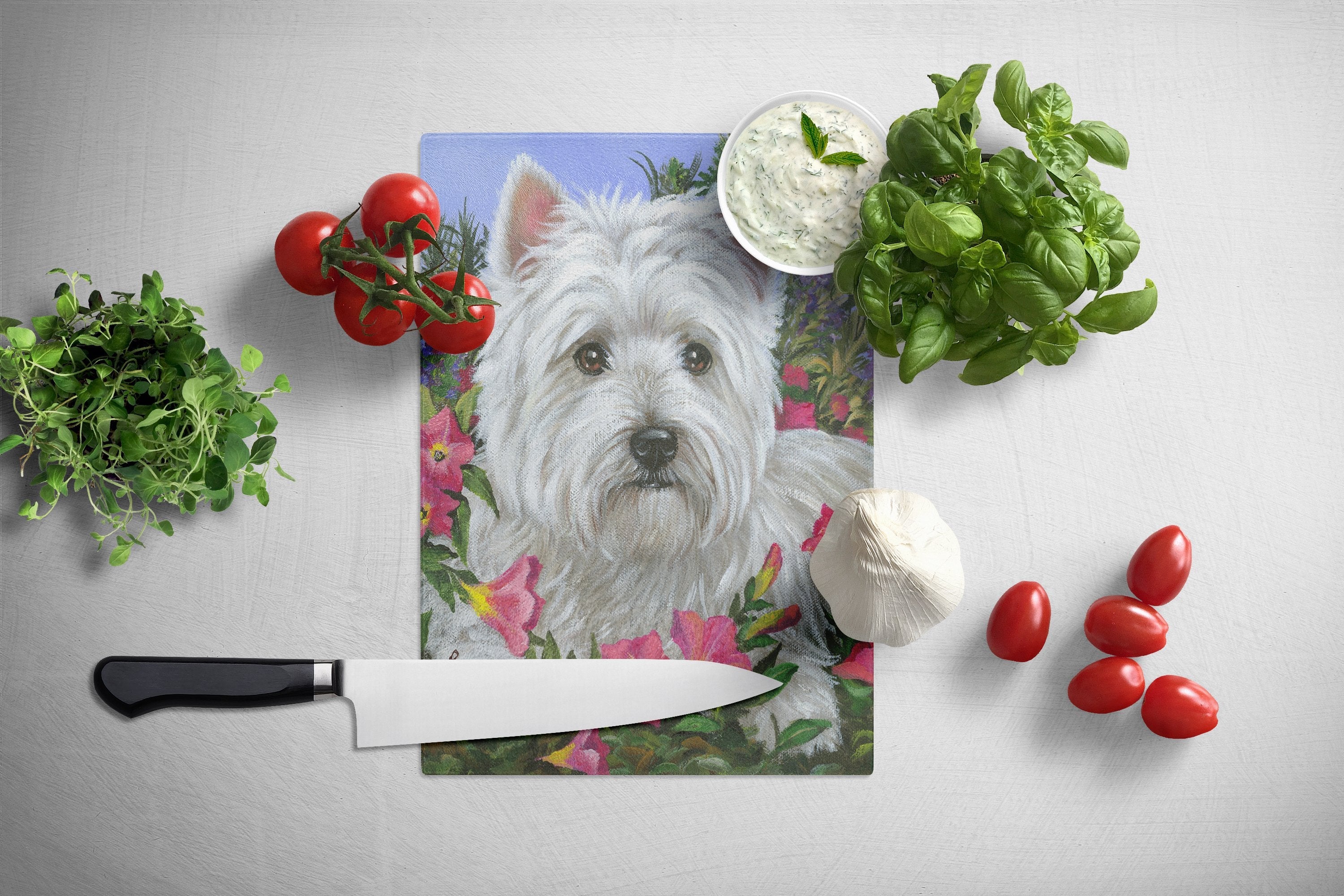 Westie Petunia Cutting Board Tempered Glass Kitchen Cutting Surface, Heat Resistant Chopping, Non-Slip Feet, Food Prep & Serving