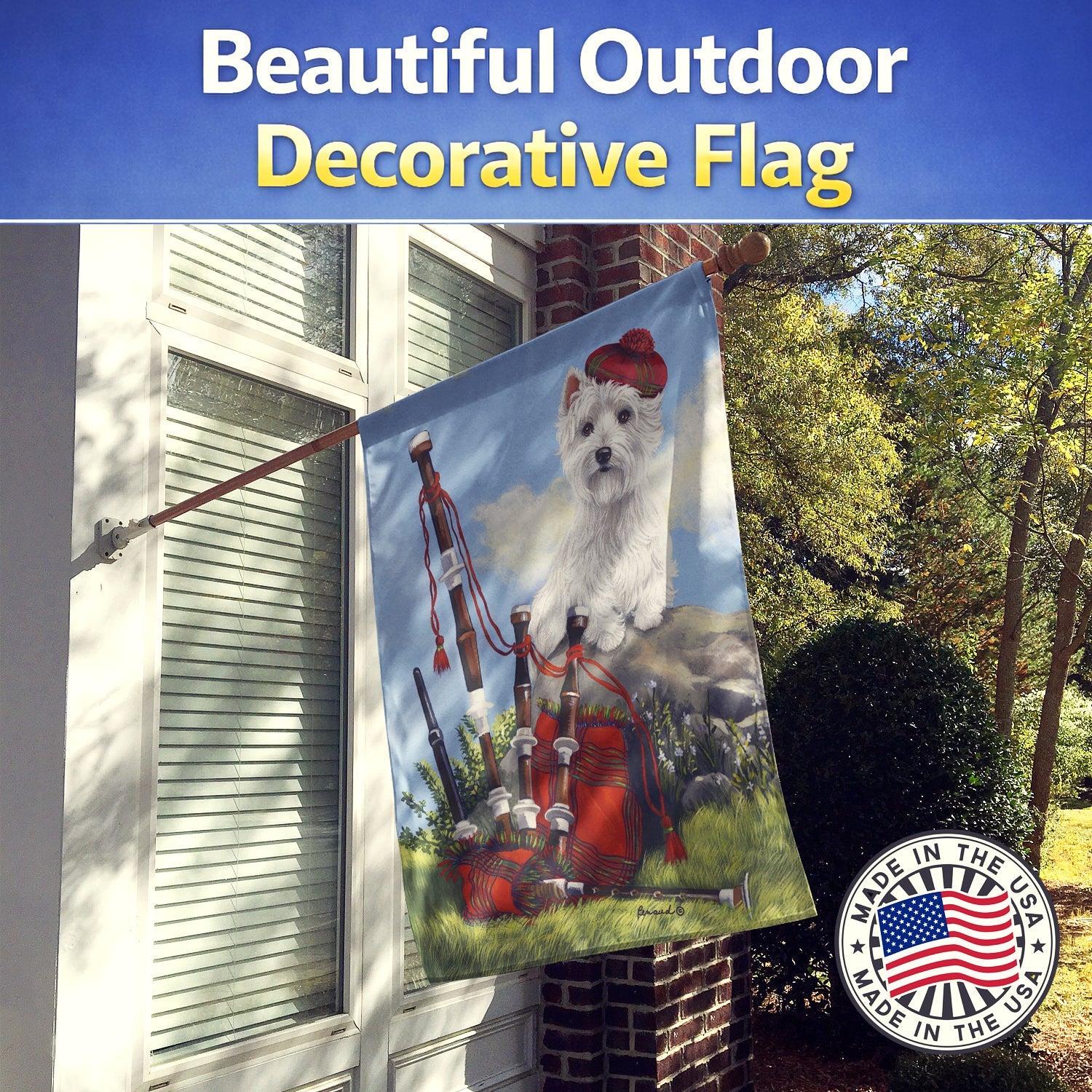 Westie Piper House Flag 28x40 Porch Sleeve Pole Decorative Outside Yard Banner Artwork Wall Hanging, Polyester
