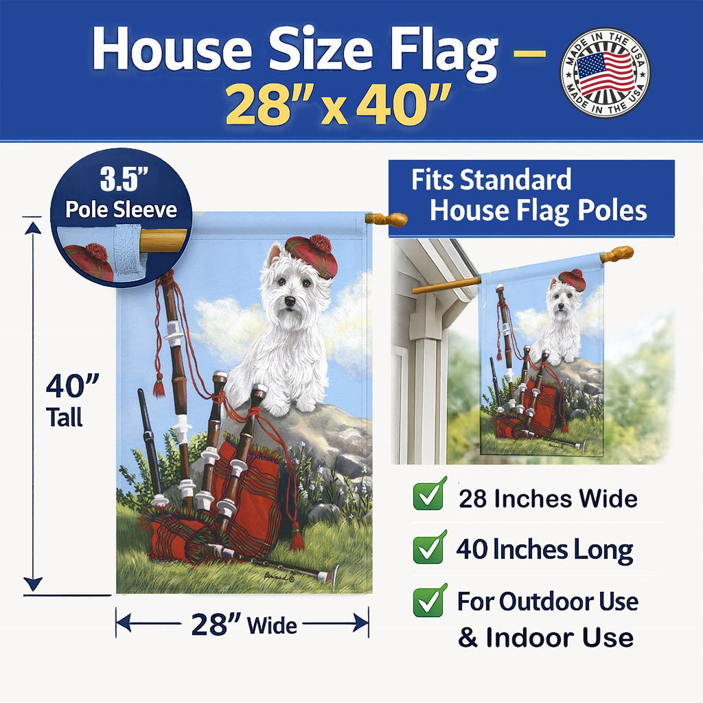 Westie Piper House Flag 28x40 Porch Sleeve Pole Decorative Outside Yard Banner Artwork Wall Hanging, Polyester