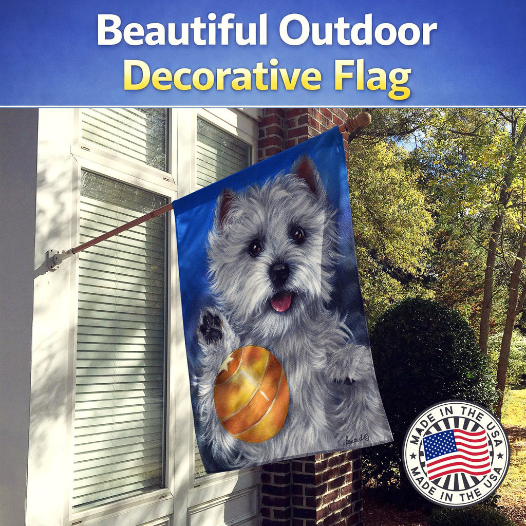 Westie Play Ball House Flag 28x40 Porch Sleeve Pole Decorative Outside Yard Banner Artwork Wall Hanging, Polyester