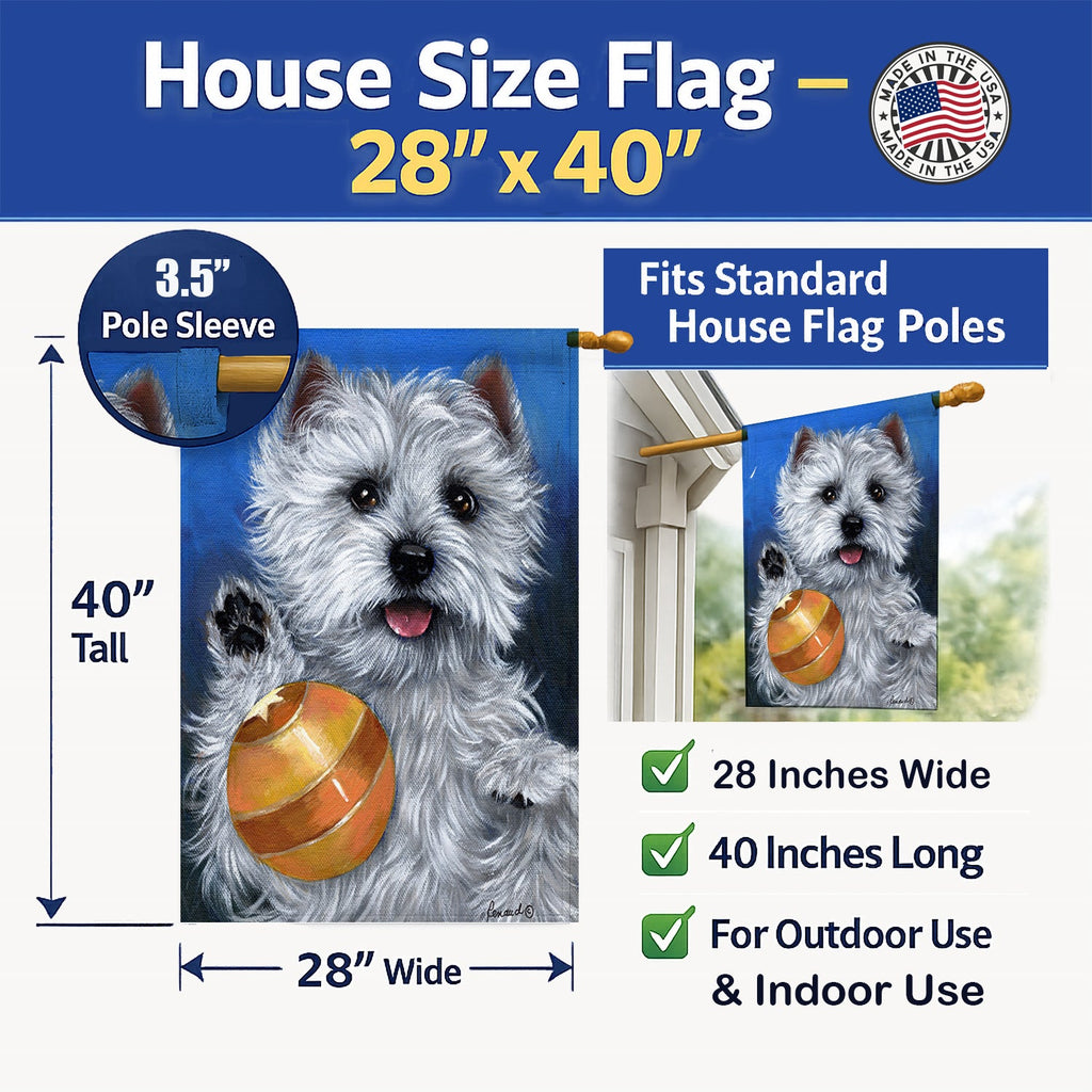 Westie Play Ball House Flag 28x40 Porch Sleeve Pole Decorative Outside Yard Banner Artwork Wall Hanging, Polyester