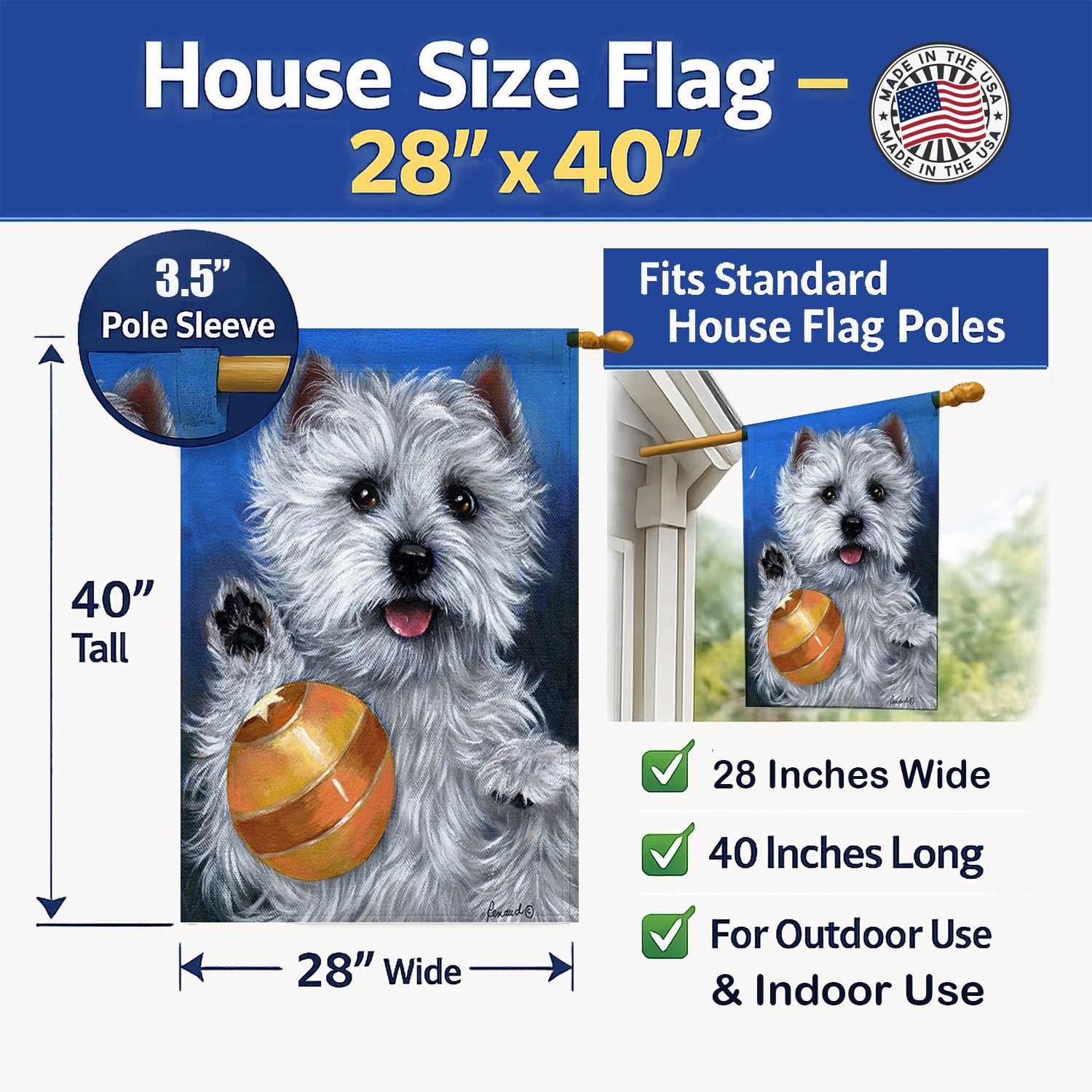 Westie Play Ball House Flag 28x40 Porch Sleeve Pole Decorative Outside Yard Banner Artwork Wall Hanging, Polyester