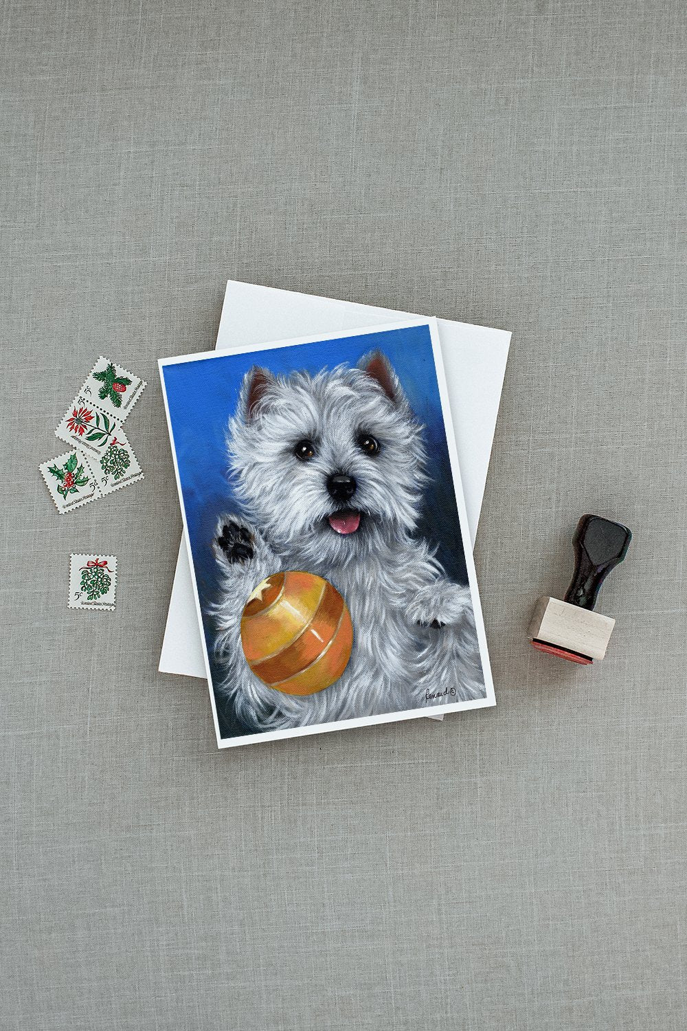 Westie Play Ball Greeting Cards Pack of 8 Blank Cards with Envelopes Whimsical A7 Size 5x7