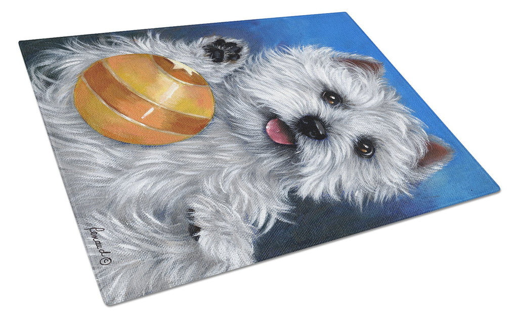 Westie Play Ball Cutting Board Tempered Glass Kitchen Cutting Surface, Heat Resistant Chopping, Non-Slip Feet, Food Prep & Serving