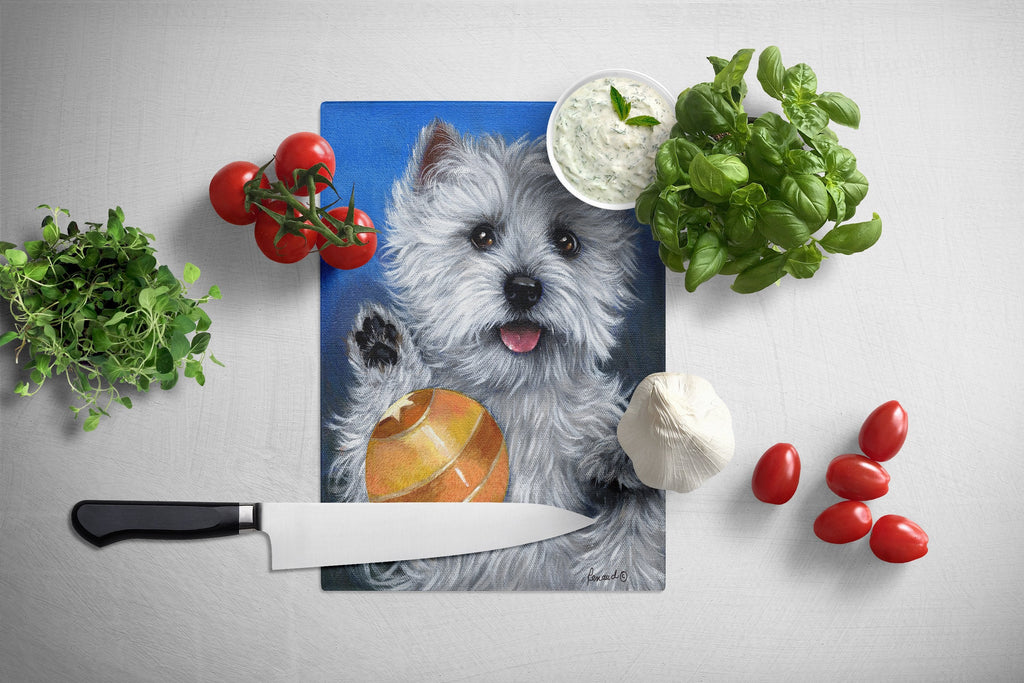 Westie Play Ball Cutting Board Tempered Glass Kitchen Cutting Surface, Heat Resistant Chopping, Non-Slip Feet, Food Prep & Serving