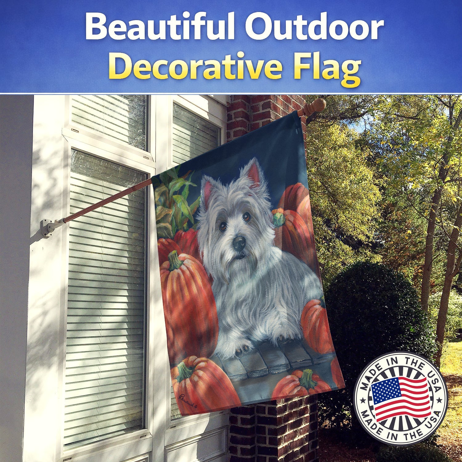 Westie Pumpkins House Flag 28x40 Porch Sleeve Pole Decorative Outside Yard Banner Artwork Wall Hanging, Polyester