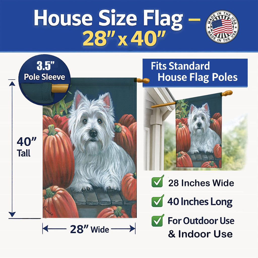 Westie Pumpkins House Flag 28x40 Porch Sleeve Pole Decorative Outside Yard Banner Artwork Wall Hanging, Polyester