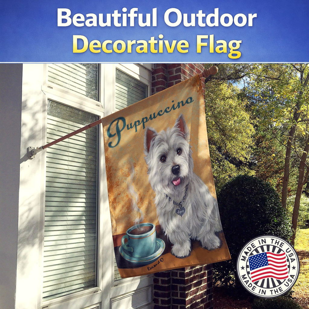 Westie Puppuccino House Flag 28x40 Porch Sleeve Pole Decorative Outside Yard Banner Artwork Wall Hanging, Polyester