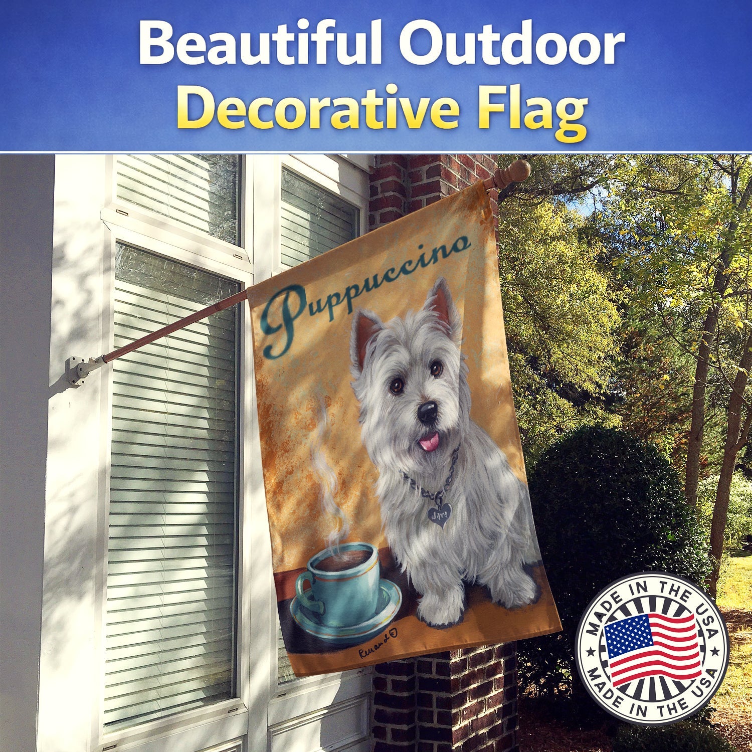 Westie Puppuccino House Flag 28x40 Porch Sleeve Pole Decorative Outside Yard Banner Artwork Wall Hanging, Polyester