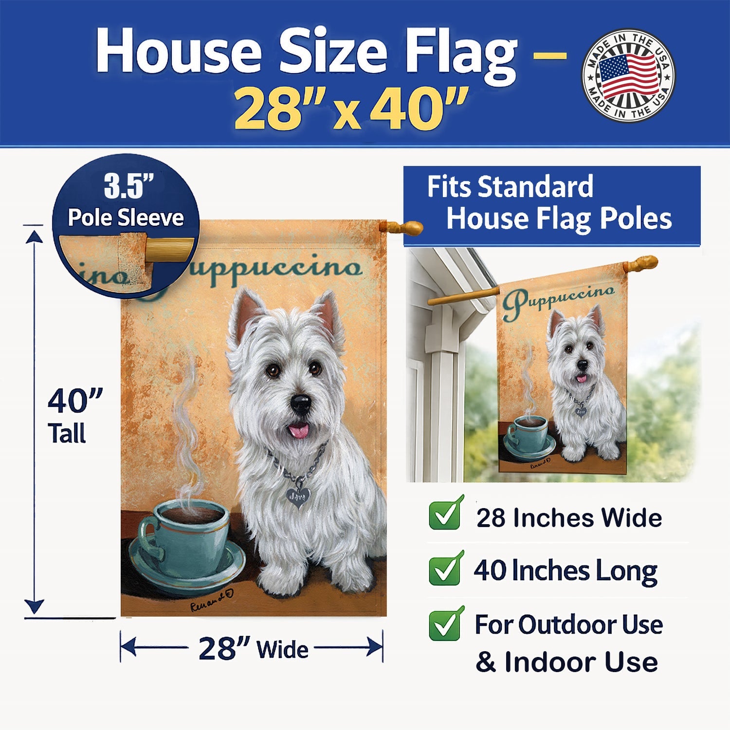 Westie Puppuccino House Flag 28x40 Porch Sleeve Pole Decorative Outside Yard Banner Artwork Wall Hanging, Polyester