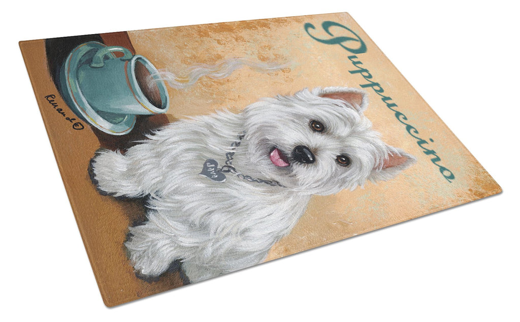 Westie Puppuccino Cutting Board Tempered Glass Kitchen Cutting Surface, Heat Resistant Chopping, Non-Slip Feet, Food Prep & Serving