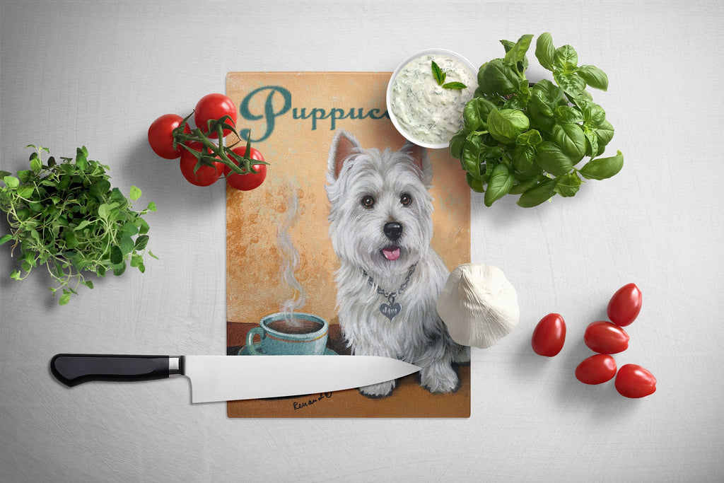 Westie Puppuccino Cutting Board Tempered Glass Kitchen Cutting Surface, Heat Resistant Chopping, Non-Slip Feet, Food Prep & Serving