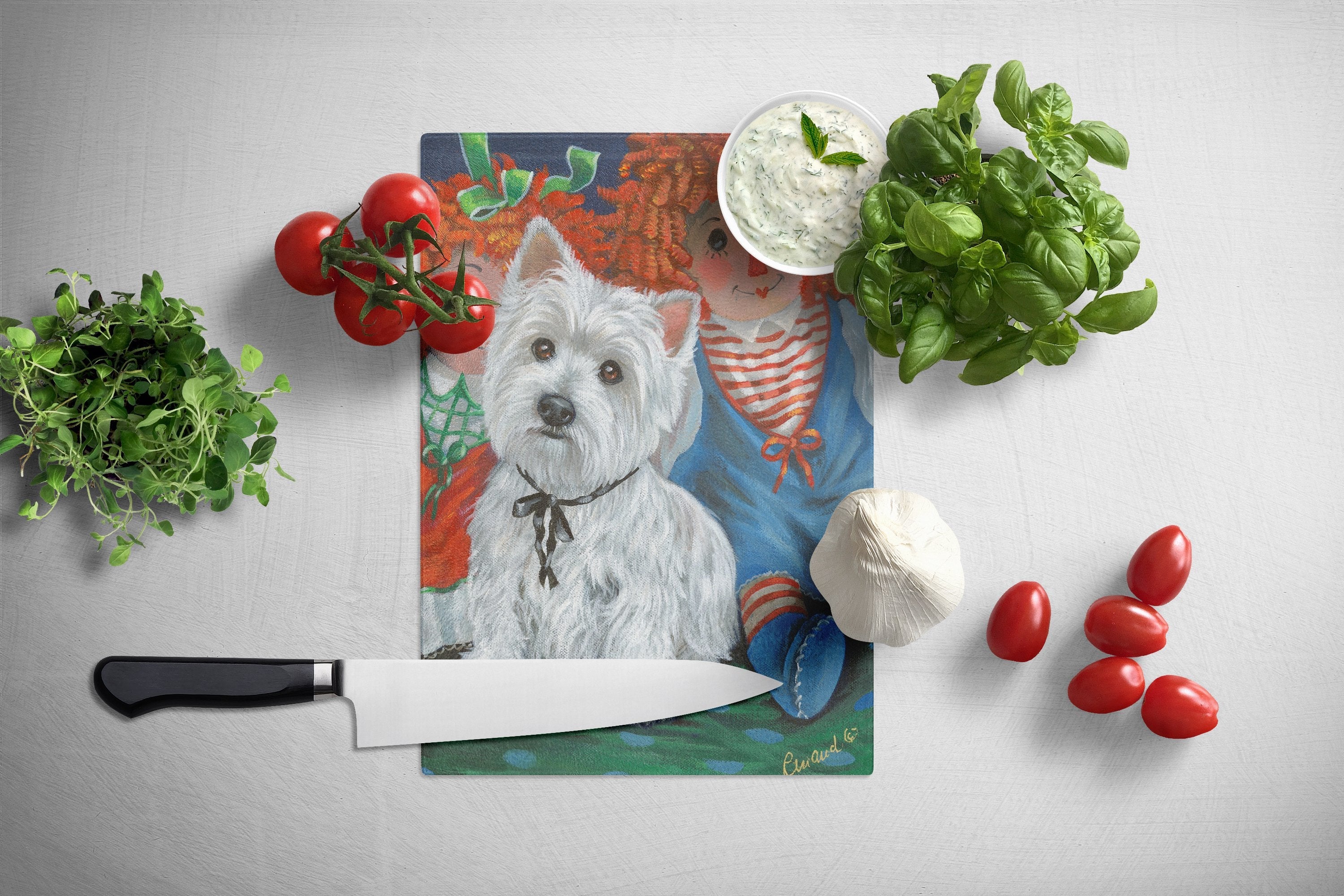 Westie Ragdoll Cutting Board Tempered Glass Kitchen Cutting Surface, Heat Resistant Chopping, Non-Slip Feet, Food Prep & Serving