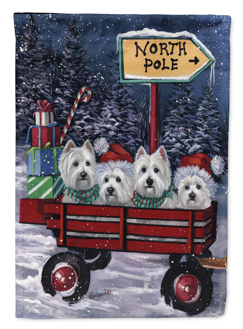 Westie Christmas Red Wagon House Flag 28x40 Porch Sleeve Pole Decorative Outside Yard Banner Artwork Wall Hanging, Polyester