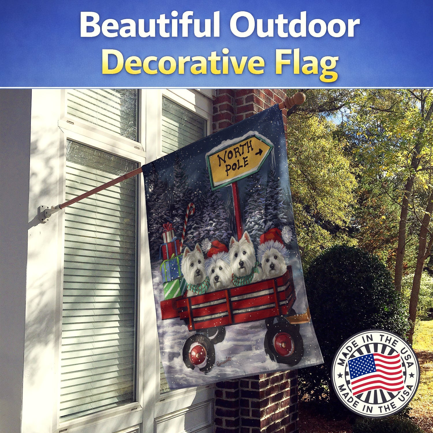 Westie Christmas Red Wagon House Flag 28x40 Porch Sleeve Pole Decorative Outside Yard Banner Artwork Wall Hanging, Polyester