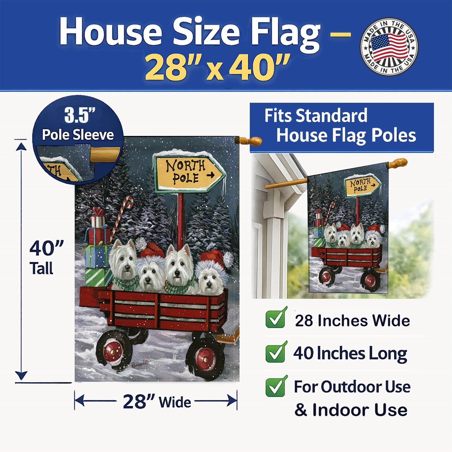 Westie Christmas Red Wagon House Flag 28x40 Porch Sleeve Pole Decorative Outside Yard Banner Artwork Wall Hanging, Polyester