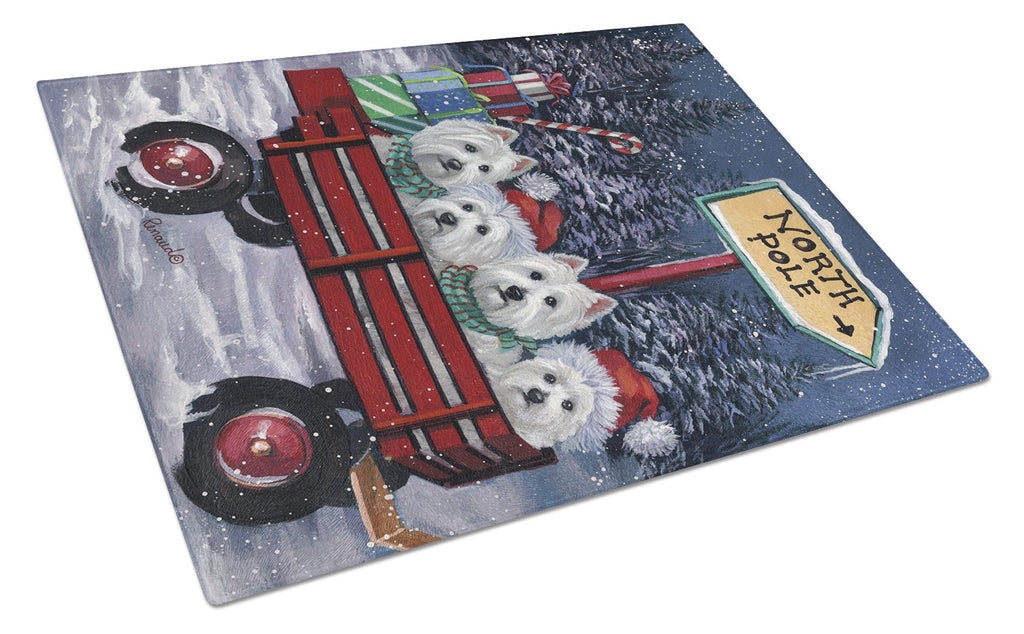 Westie Christmas Red Wagon Cutting Board Tempered Glass Kitchen Cutting Surface, Heat Resistant Chopping, Non-Slip Feet, Food Prep & Serving