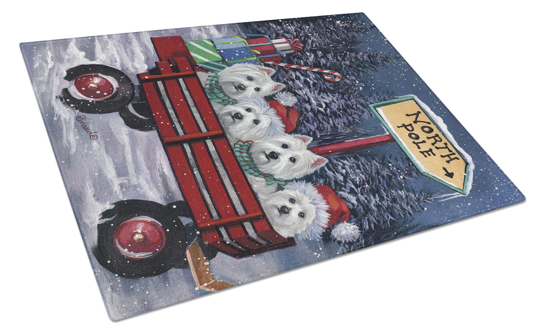 Westie Christmas Red Wagon Cutting Board Tempered Glass Kitchen Cutting Surface, Heat Resistant Chopping, Non-Slip Feet, Food Prep & Serving