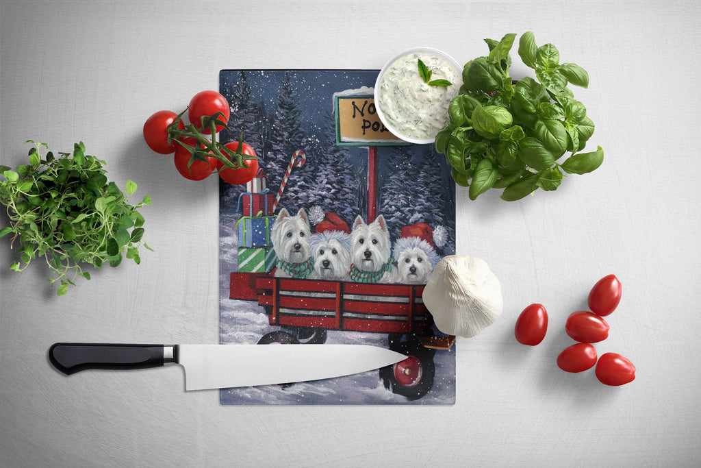 Westie Christmas Red Wagon Cutting Board Tempered Glass Kitchen Cutting Surface, Heat Resistant Chopping, Non-Slip Feet, Food Prep & Serving