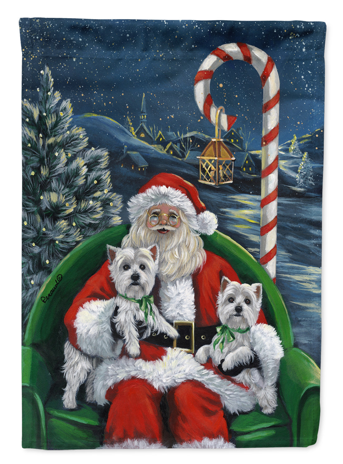 Westie Christmas Santa's Village House Flag 28x40 Porch Sleeve Pole Decorative Outside Yard Banner Artwork Wall Hanging, Polyester