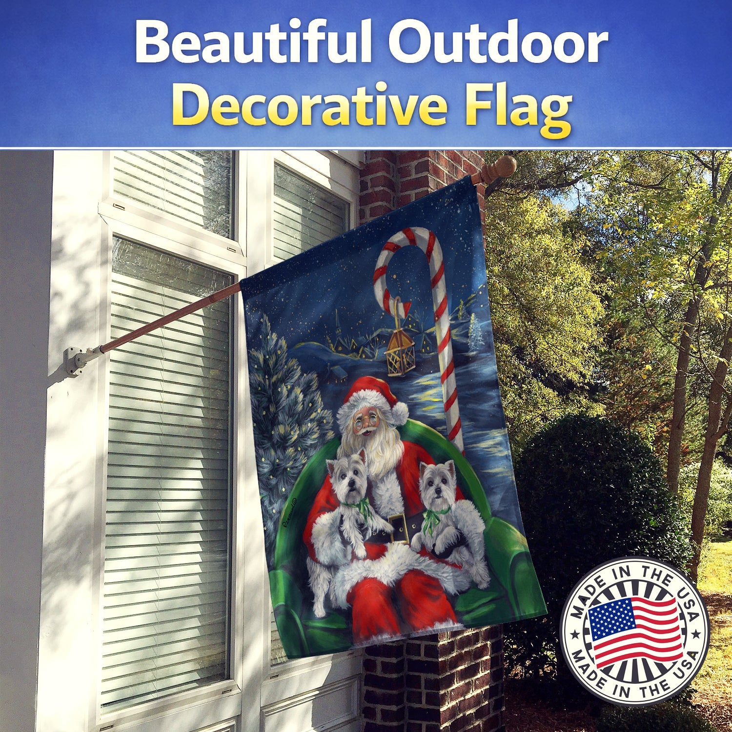 Westie Christmas Santa's Village House Flag 28x40 Porch Sleeve Pole Decorative Outside Yard Banner Artwork Wall Hanging, Polyester