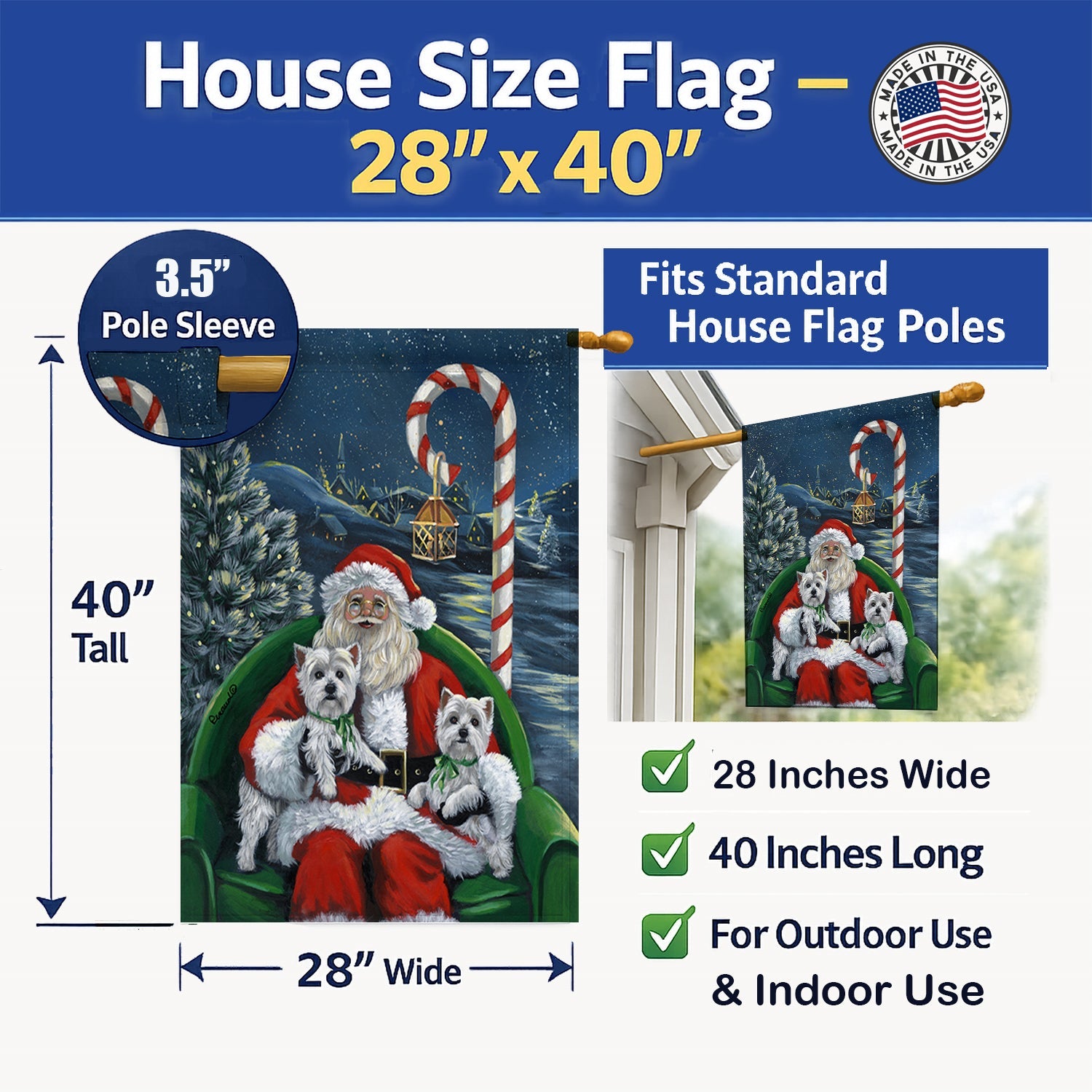 Westie Christmas Santa's Village House Flag 28x40 Porch Sleeve Pole Decorative Outside Yard Banner Artwork Wall Hanging, Polyester
