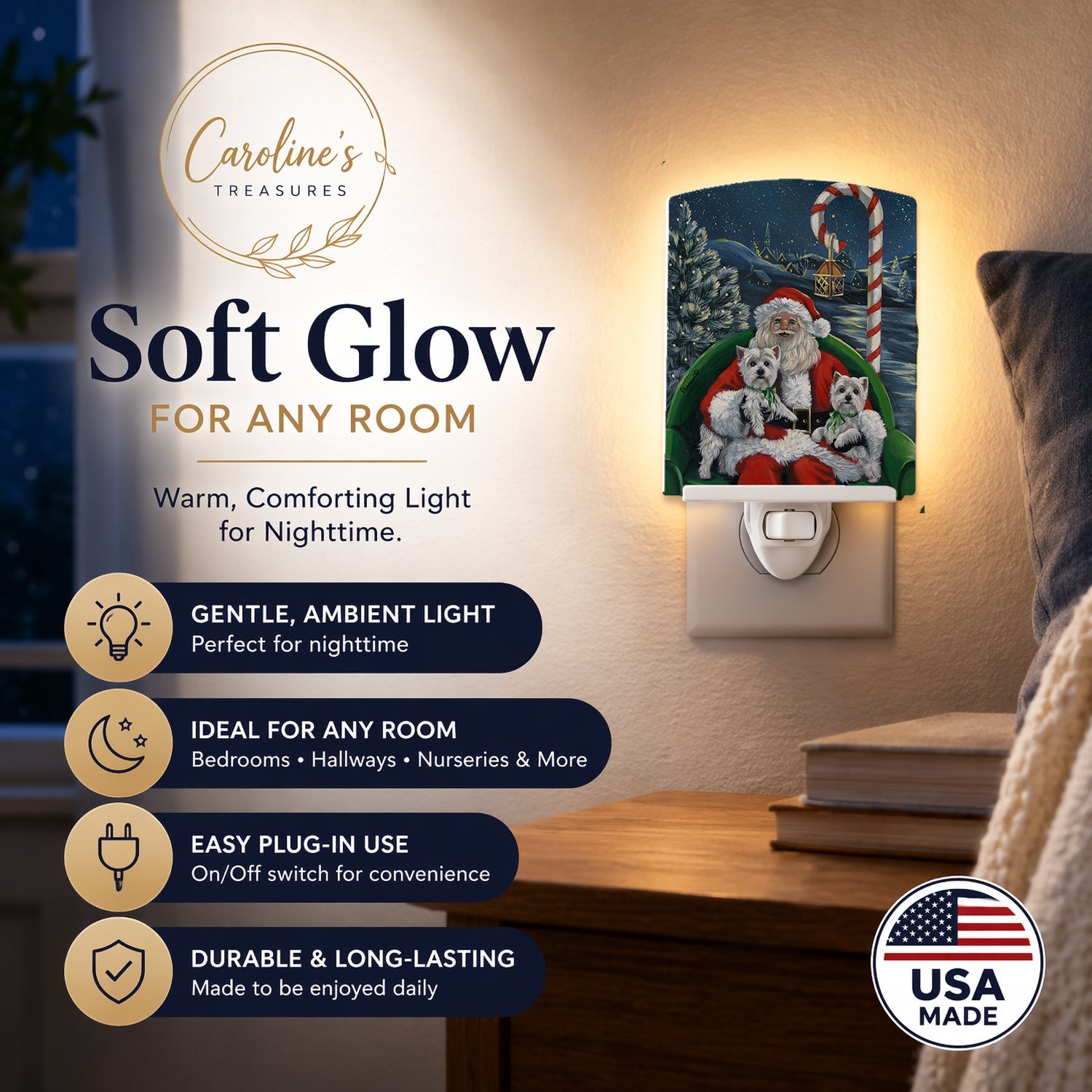 Westie Christmas Santa's Village Ceramic Night Light Compact, UL-Certified, Ideal for Bedroom, Bathroom, Nursery, Hallway, Kitchen, 6x4x3, Multicolor