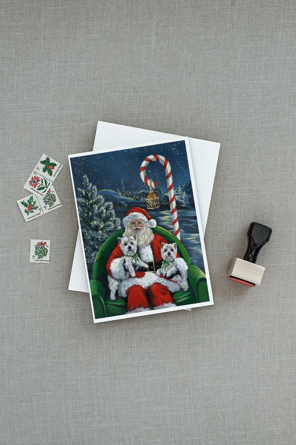 Westie Christmas Santa's Village Greeting Cards Pack of 8 Blank Cards with Envelopes Whimsical A7 Size 5x7