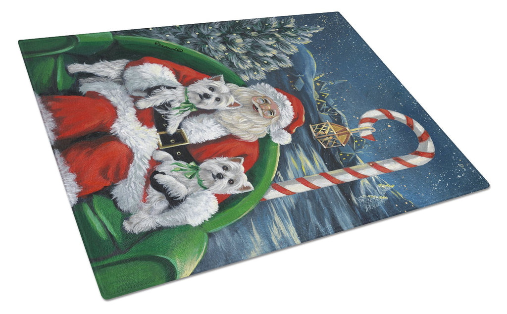 Westie Christmas Santa's Village Cutting Board Tempered Glass Kitchen Cutting Surface, Heat Resistant Chopping, Non-Slip Feet, Food Prep & Serving