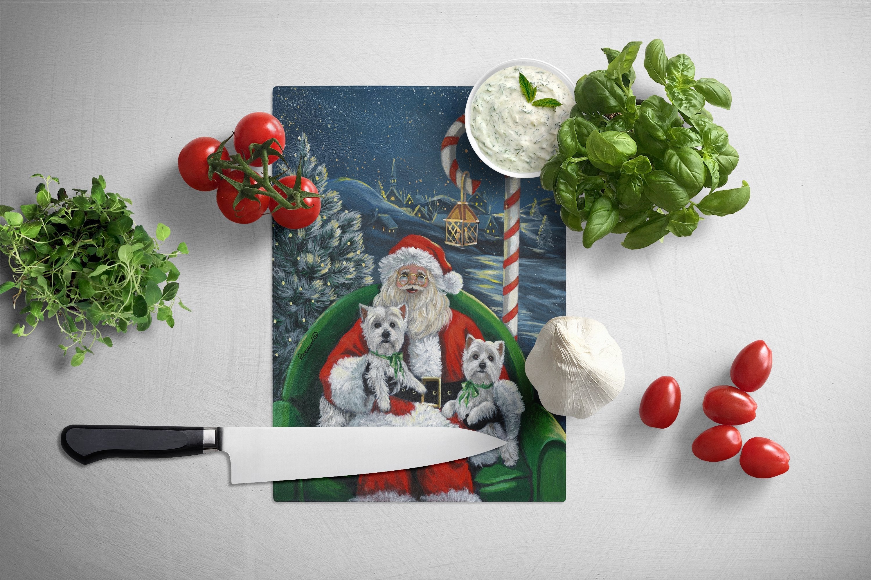 Westie Christmas Santa's Village Cutting Board Tempered Glass Kitchen Cutting Surface, Heat Resistant Chopping, Non-Slip Feet, Food Prep & Serving