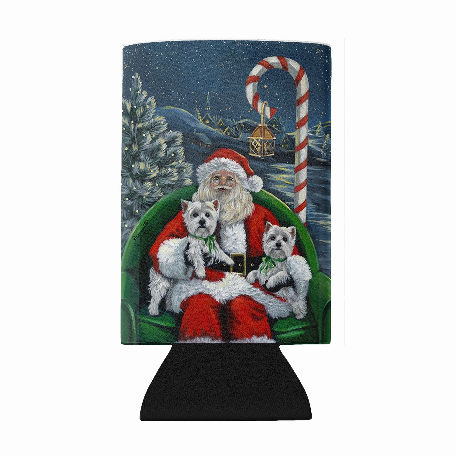 Westie Christmas Santa's Village Wine Bottle Hugger Gift Sleeve for Standard 750 ml Bottles, Insulated Reusable Also Fits Mini Shot & Pint Bottles