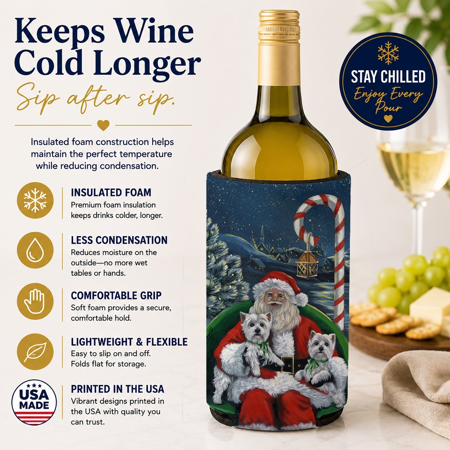 Westie Christmas Santa's Village Wine Bottle Hugger Gift Sleeve for Standard 750 ml Bottles, Insulated Reusable Also Fits Mini Shot & Pint Bottles