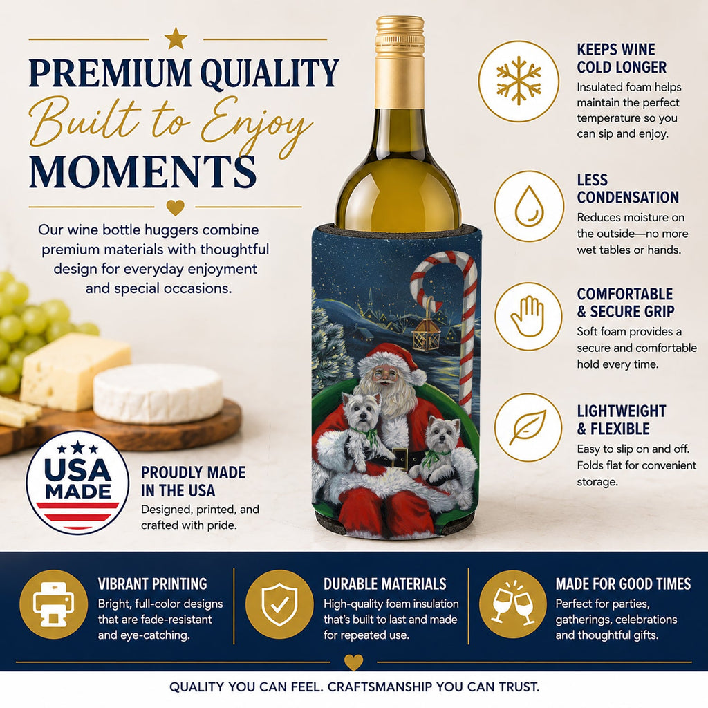 Westie Christmas Santa's Village Wine Bottle Hugger Gift Sleeve for Standard 750 ml Bottles, Insulated Reusable Also Fits Mini Shot & Pint Bottles