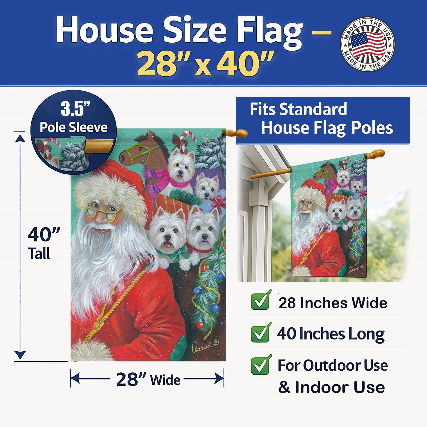 Westie Christmas Santa's Westies House Flag 28x40 Porch Sleeve Pole Decorative Outside Yard Banner Artwork Wall Hanging, Polyester