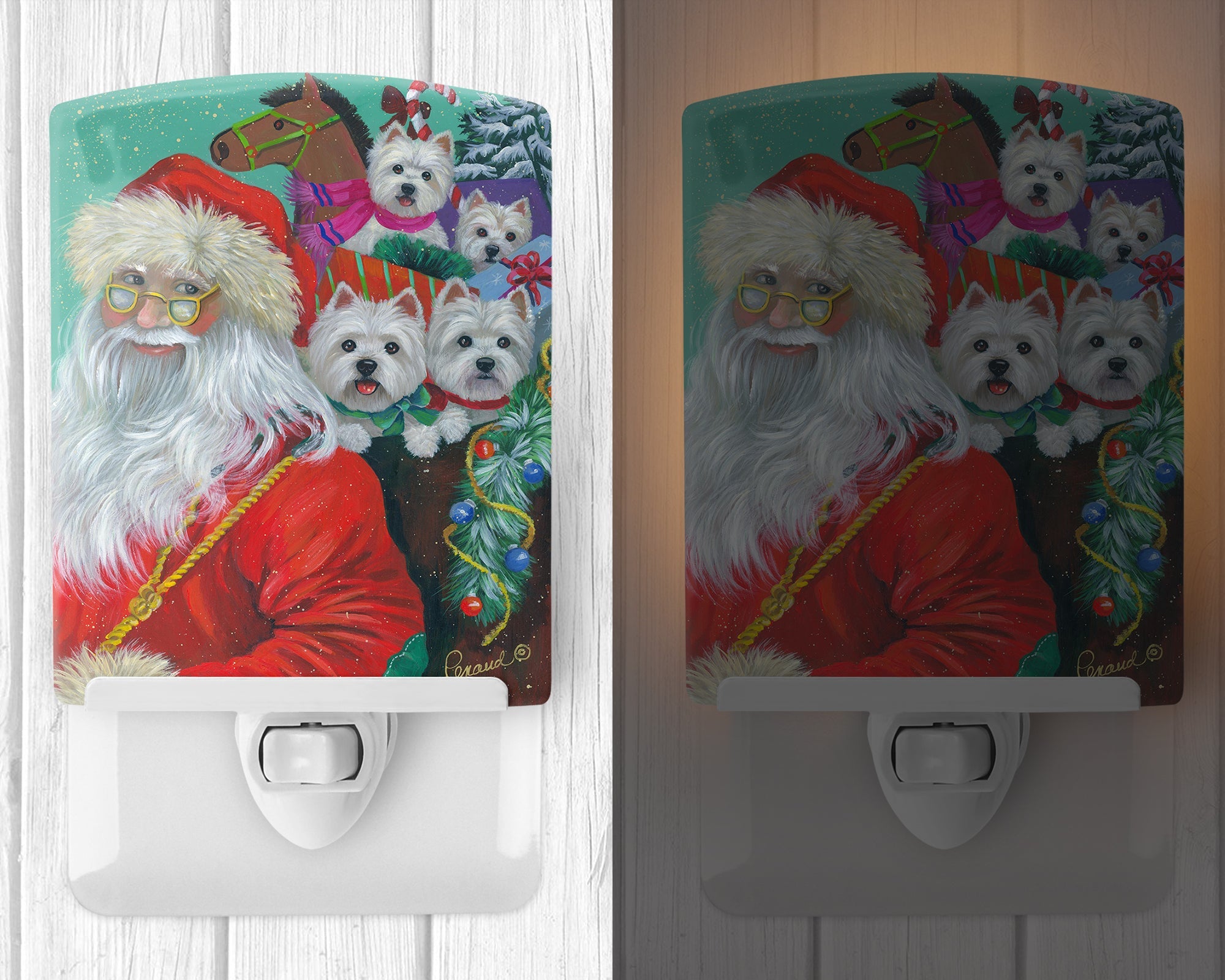 Westie Christmas Santa's Westies Ceramic Night Light Compact, UL-Certified, Ideal for Bedroom, Bathroom, Nursery, Hallway, Kitchen, 6x4x3, Multicolor