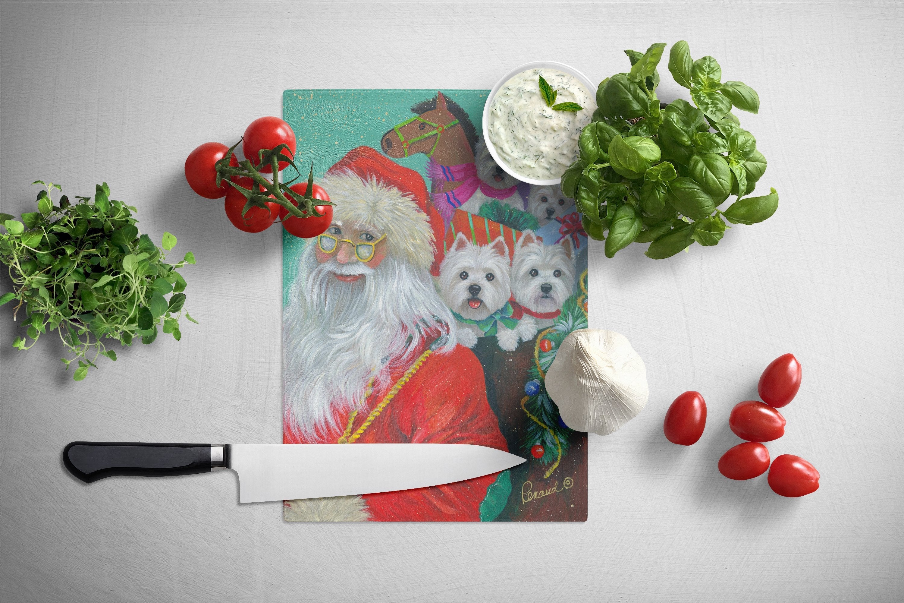 Westie Christmas Santa's Westies Cutting Board Tempered Glass Kitchen Cutting Surface, Heat Resistant Chopping, Non-Slip Feet, Food Prep & Serving