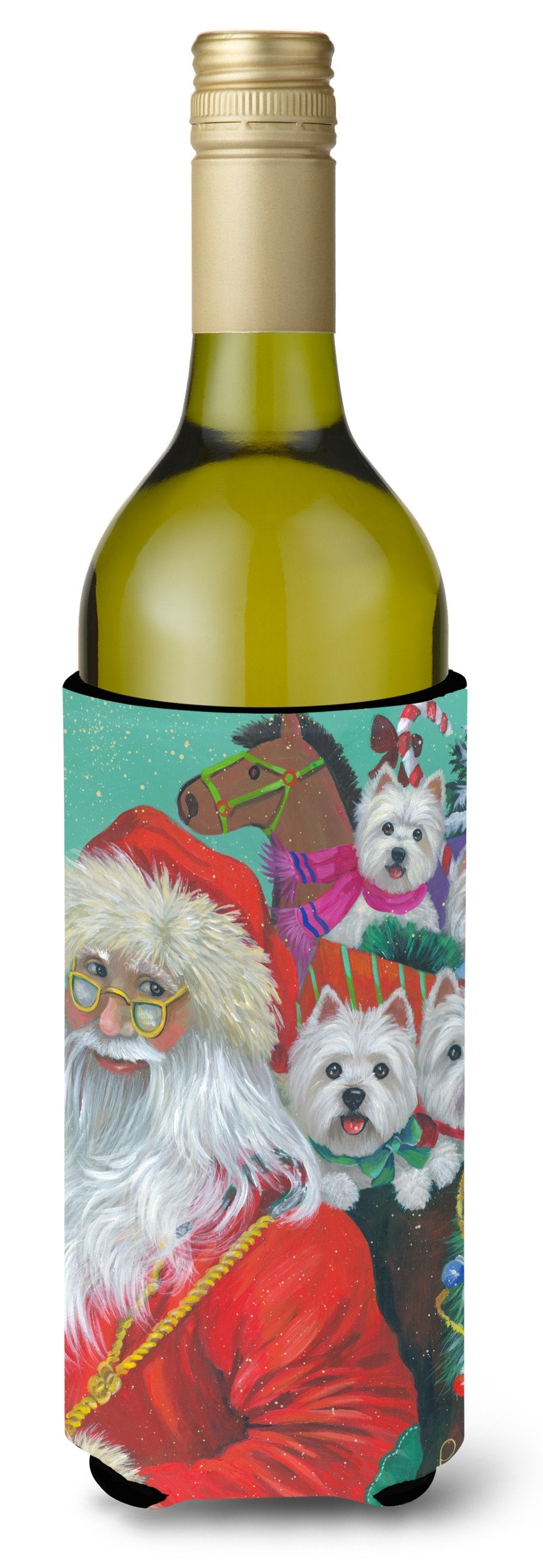 Westie Christmas Santa's Westies Wine Bottle Hugger Gift Sleeve for Standard 750 ml Bottles, Insulated Reusable Also Fits Mini Shot & Pint Bottles