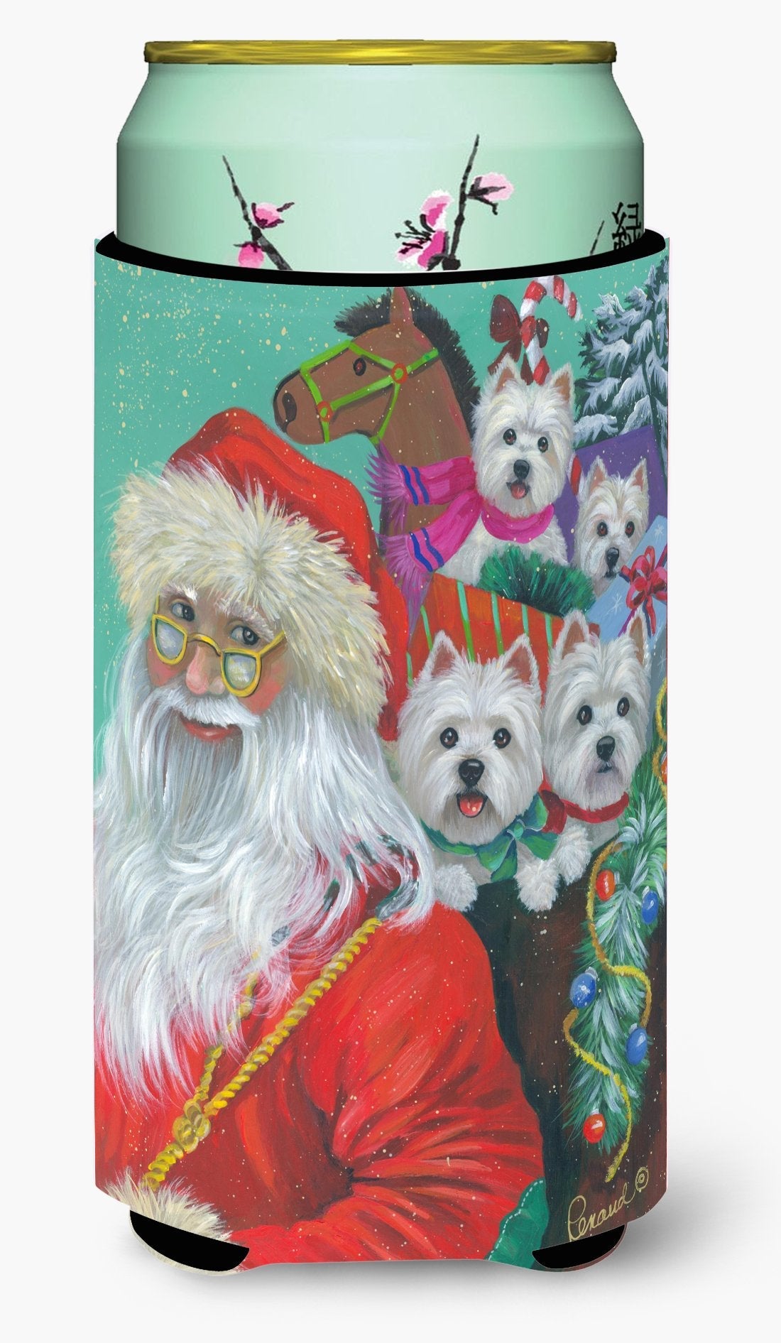 Westie Christmas Santa's Westies Tall Boy Hugger Can Cooler Sleeve Machine Washable Drink Collapsible Insulator Beverage Insulated Holder
