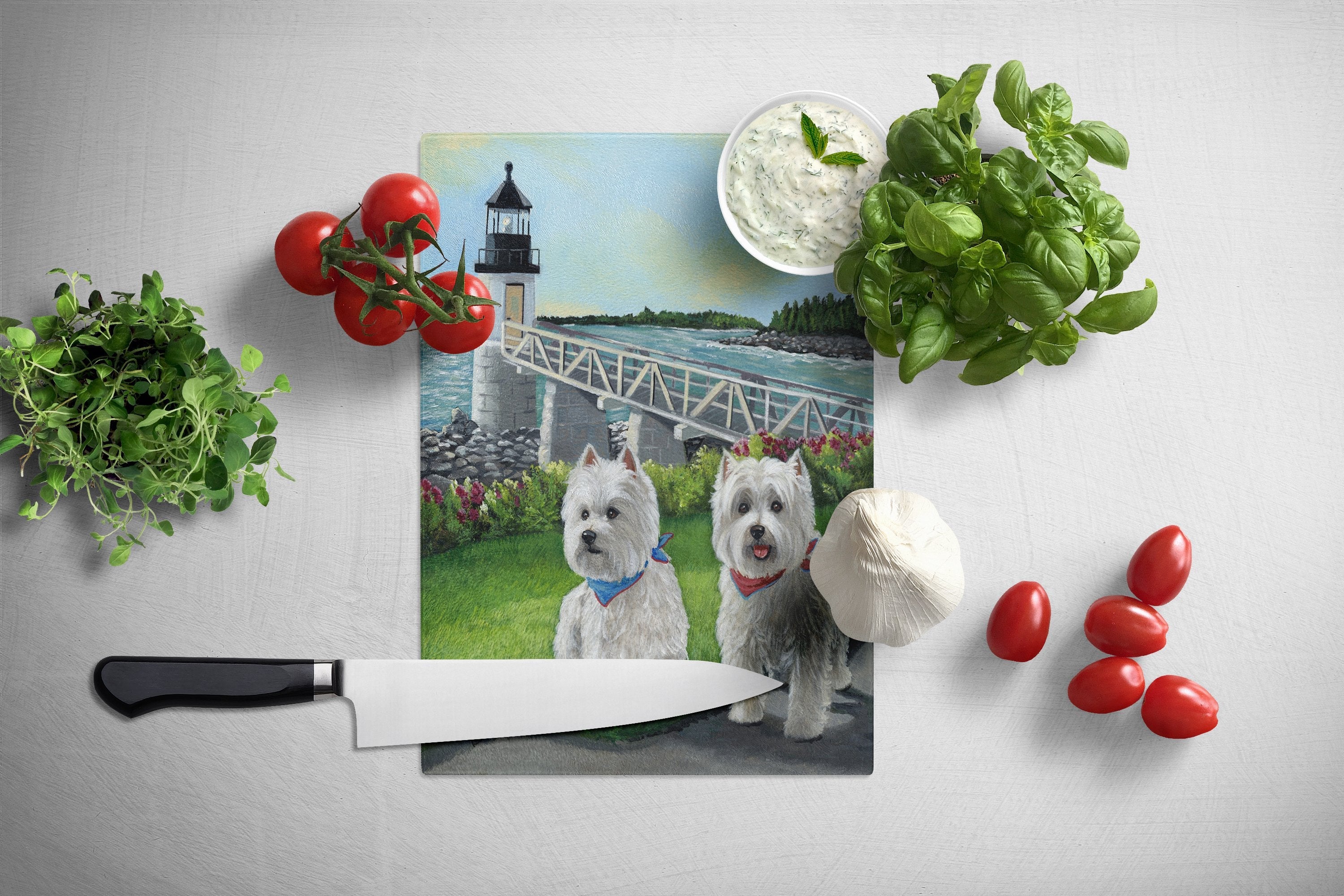 Westie Schooner & Annie Cutting Board Tempered Glass Kitchen Cutting Surface, Heat Resistant Chopping, Non-Slip Feet, Food Prep & Serving
