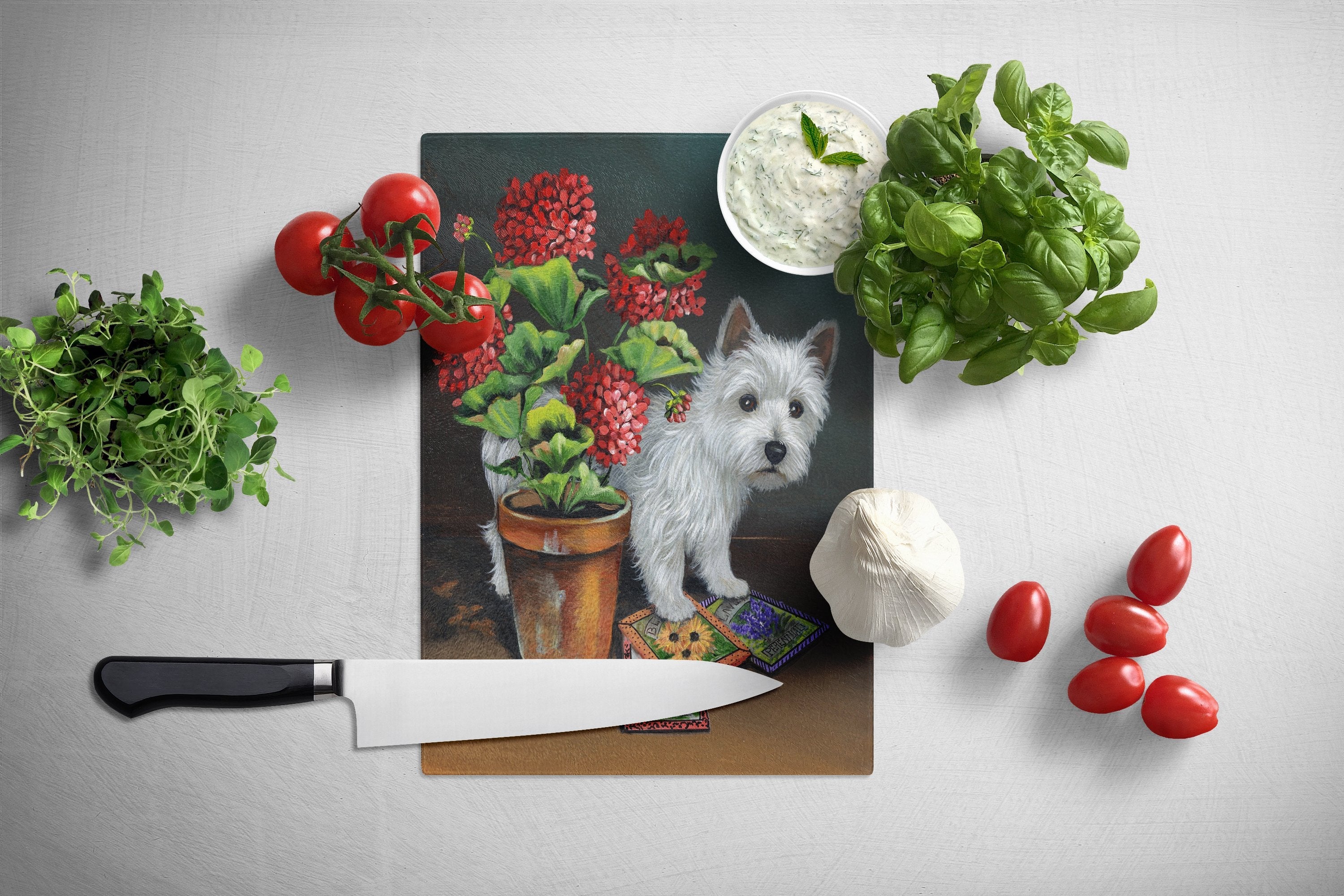 Westie Seedlings Cutting Board Tempered Glass Kitchen Cutting Surface, Heat Resistant Chopping, Non-Slip Feet, Food Prep & Serving