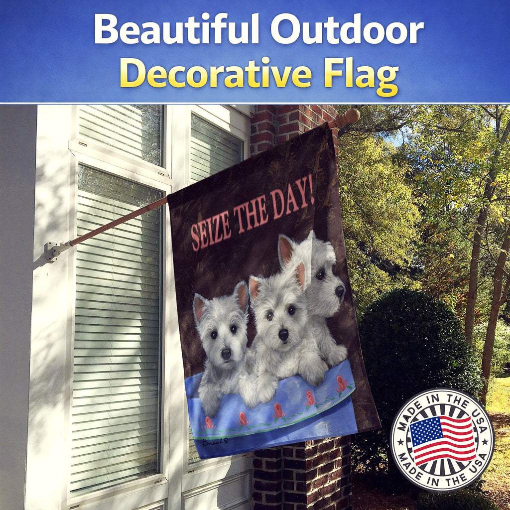 Westie Seize the Day House Flag 28x40 Porch Sleeve Pole Decorative Outside Yard Banner Artwork Wall Hanging, Polyester