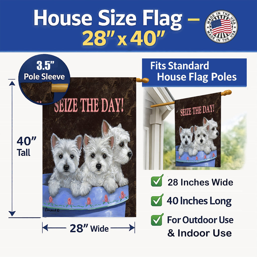 Westie Seize the Day House Flag 28x40 Porch Sleeve Pole Decorative Outside Yard Banner Artwork Wall Hanging, Polyester