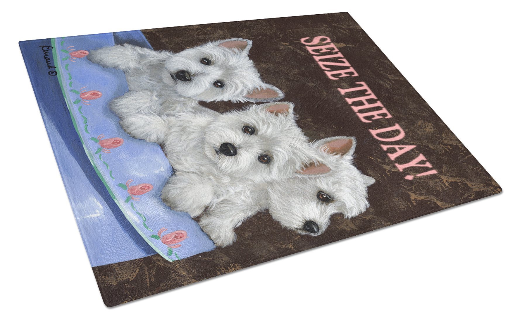 Westie Seize the Day Cutting Board Tempered Glass Kitchen Cutting Surface, Heat Resistant Chopping, Non-Slip Feet, Food Prep & Serving