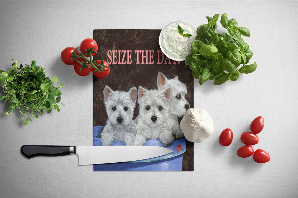 Westie Seize the Day Cutting Board Tempered Glass Kitchen Cutting Surface, Heat Resistant Chopping, Non-Slip Feet, Food Prep & Serving