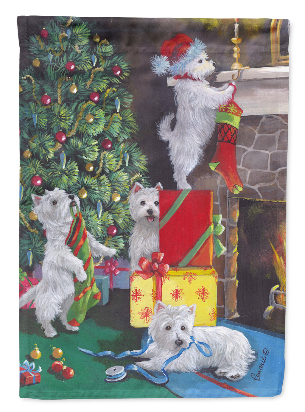 Westie Christmas Decorating House Flag 28x40 Porch Sleeve Pole Decorative Outside Yard Banner Artwork Wall Hanging, Polyester