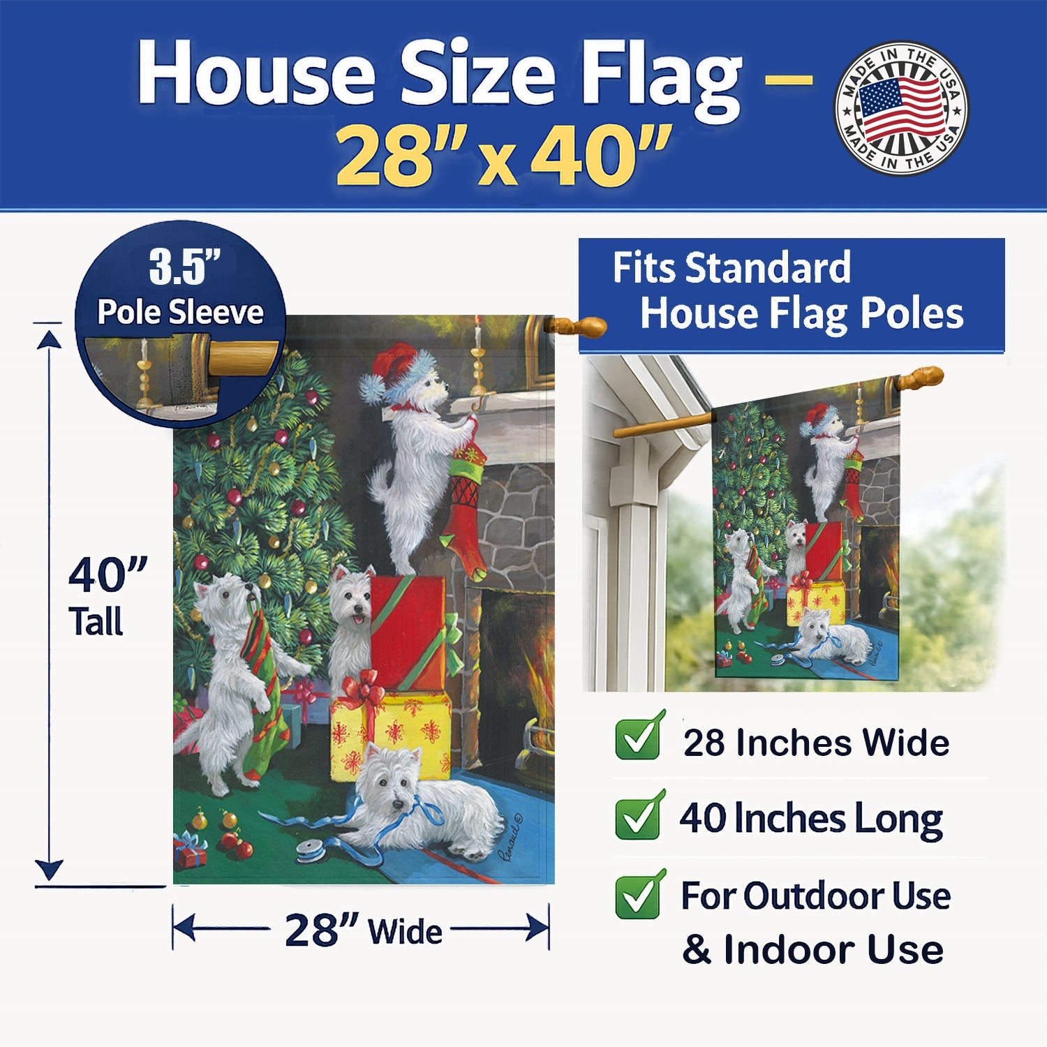 Westie Christmas Decorating House Flag 28x40 Porch Sleeve Pole Decorative Outside Yard Banner Artwork Wall Hanging, Polyester