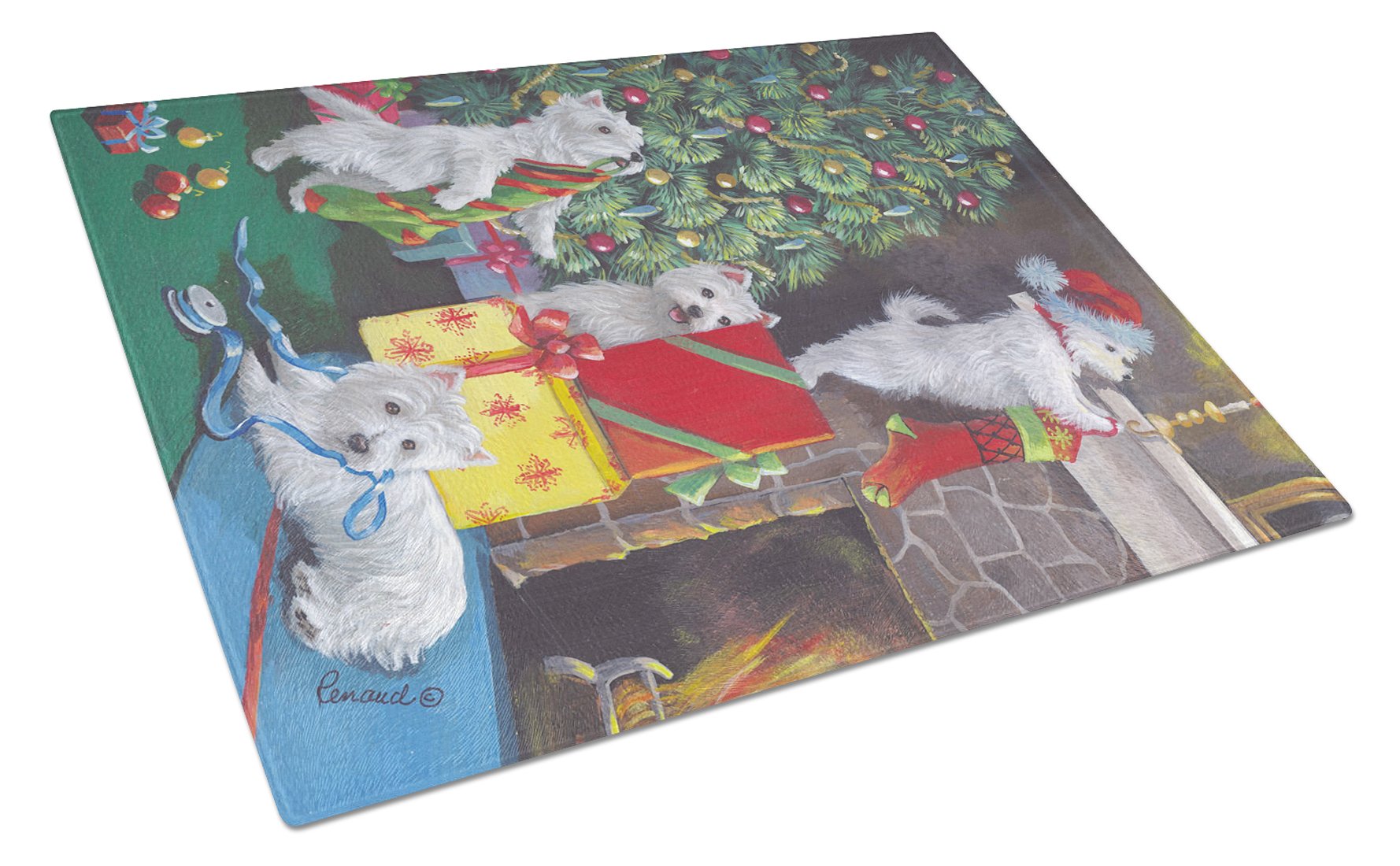 Westie Christmas Decorating Cutting Board Tempered Glass Kitchen Cutting Surface, Heat Resistant Chopping, Non-Slip Feet, Food Prep & Serving
