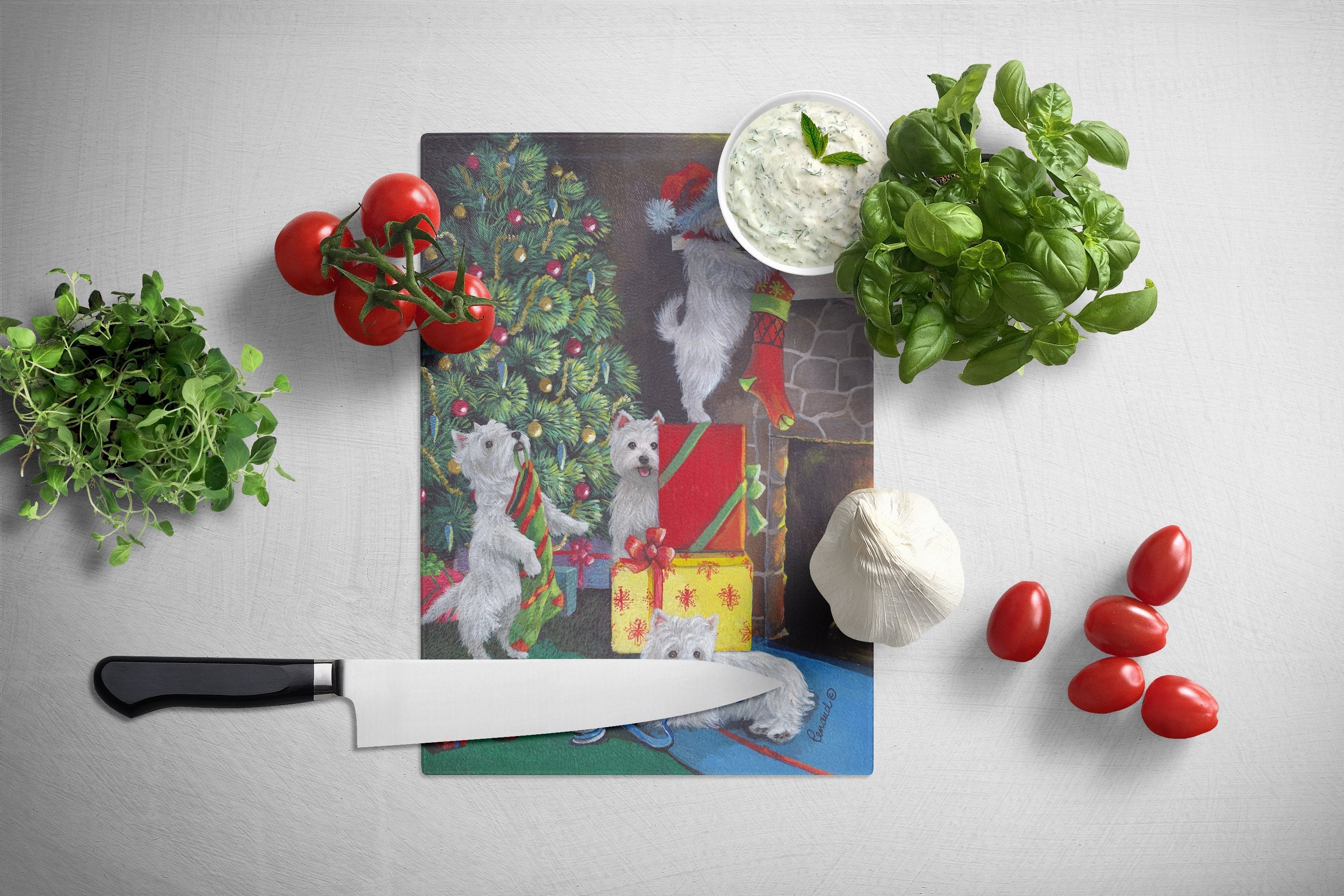 Westie Christmas Decorating Cutting Board Tempered Glass Kitchen Cutting Surface, Heat Resistant Chopping, Non-Slip Feet, Food Prep & Serving