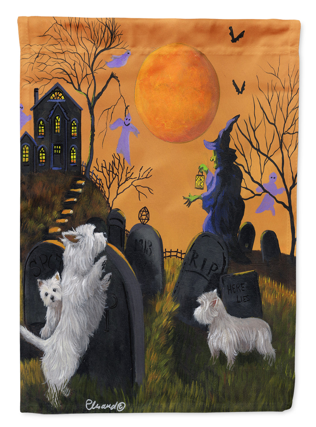 Westie Wicked Witch House Flag 28x40 Porch Sleeve Pole Decorative Outside Yard Banner Artwork Wall Hanging, Polyester