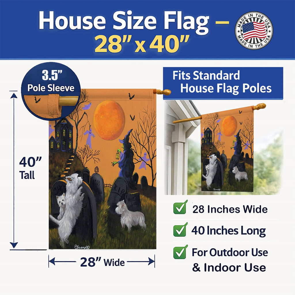 Westie Wicked Witch House Flag 28x40 Porch Sleeve Pole Decorative Outside Yard Banner Artwork Wall Hanging, Polyester